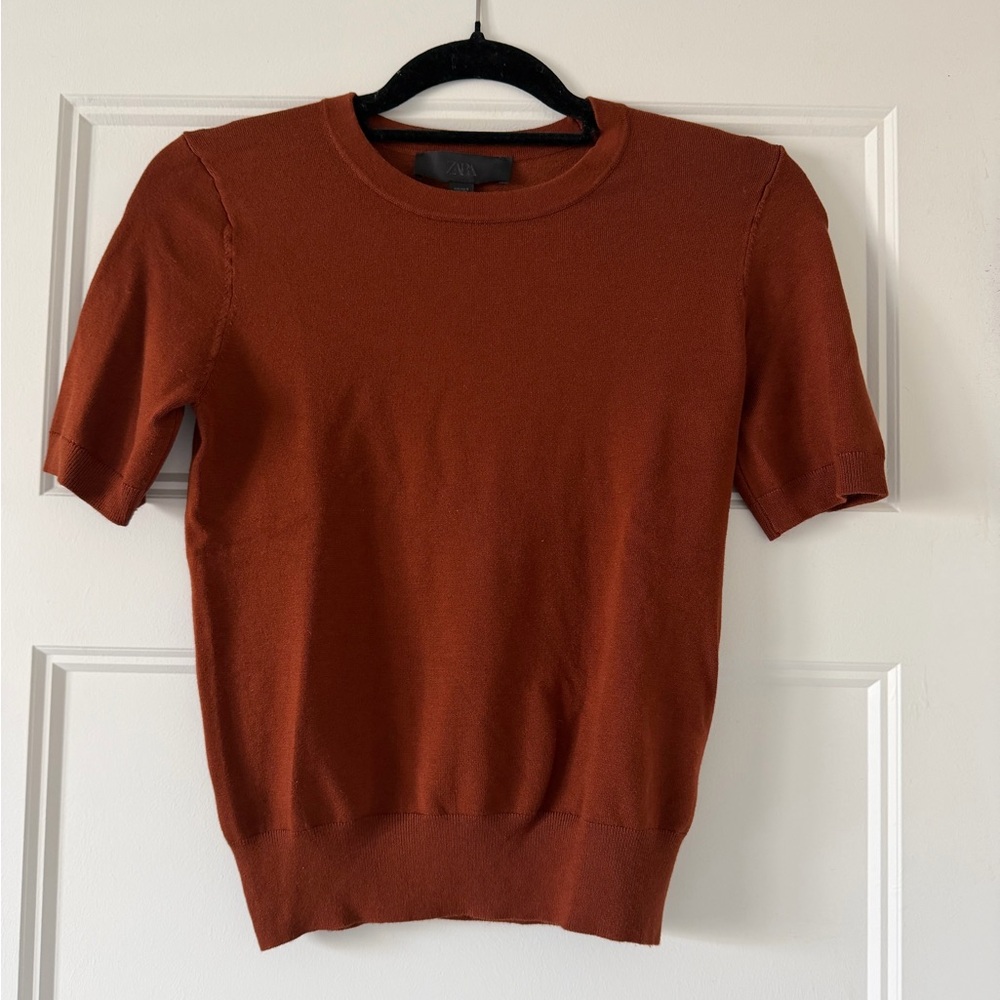 Zara Short-Sleeve Knit Top Rust/Maroon, NWOT